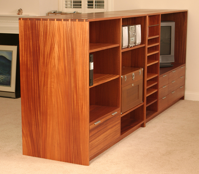 Custom media cabinet, shown in walnut