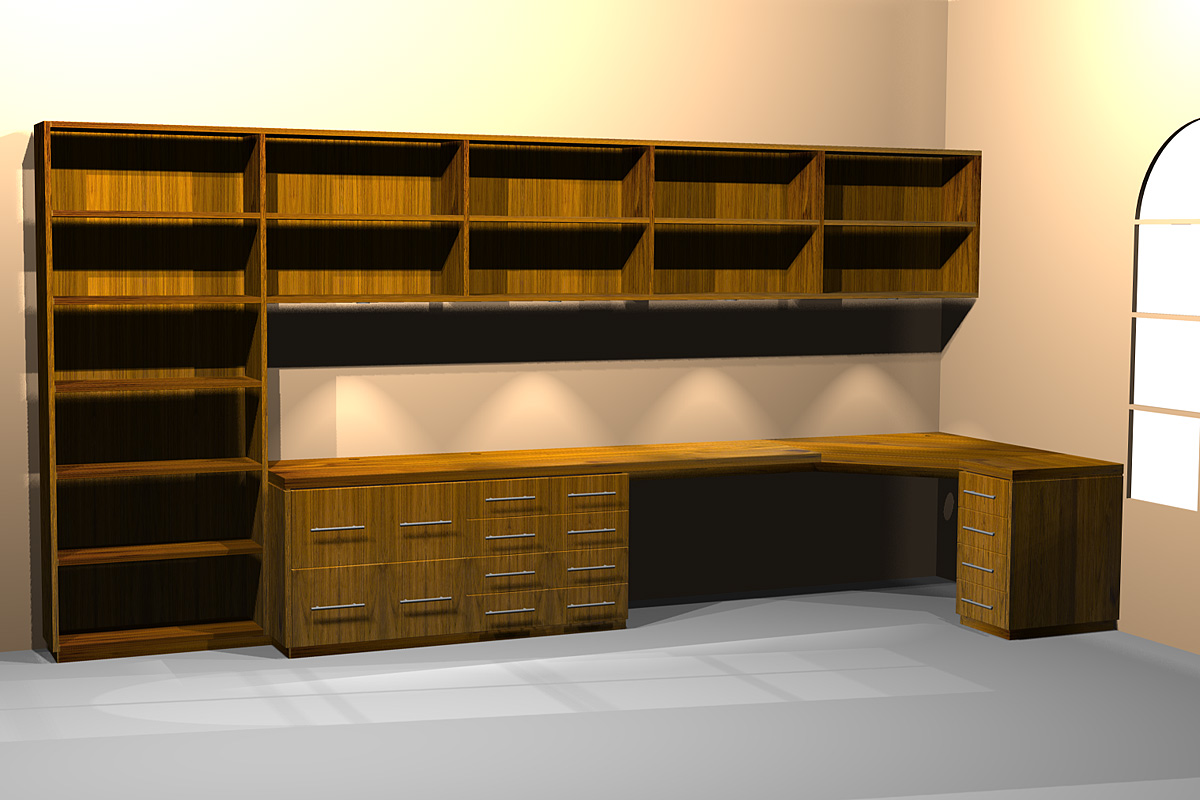 Custom office desk and shelves, shown in walnut